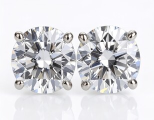 Fototapeta premium Sparkling Pair Exquisite Round Cut Diamond Stud Earrings on White Background
