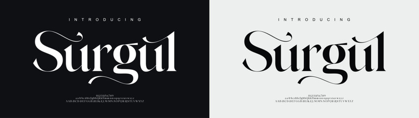 Surgul Elegant font alphabet uppercase lowercase and number. Classic lettering minimal fashion designs. Typography modern serif fonts regular decorative vintage concept. Vector illustration
