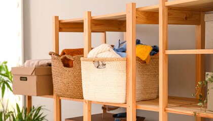 Wooden shelving unit with baskets and clothes