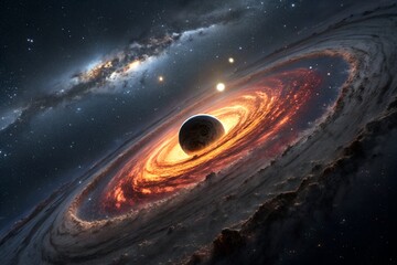 A breathtaking celestial spectacle of a powerful black hole and its glowing accretion disk warping spacetime amidst a swirling galaxy and distant stars in the vast universe