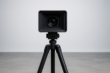 Minimalist Black Camera on Tripod in Studio with Concrete Floor and Grey Background for Photography Concepts