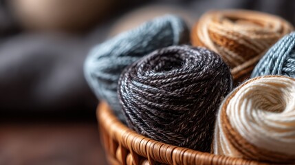 Colorful yarn balls resting in wicker basket, ready for knitting or crocheting project