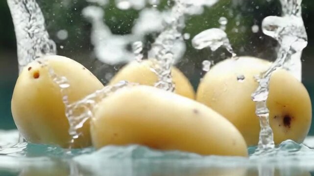 Potatoes fall into the water. Filmed on a high-speed camera at 1000 fps. High quality FullHD footage