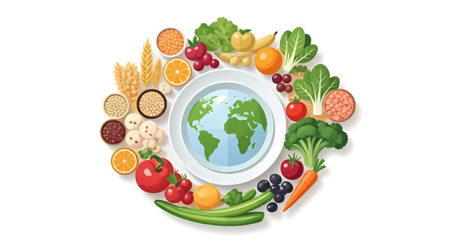 Celebrating World Food Day with a diverse circle of healthy fruits, vegetables, and grains around the planet Earth - Powered by Adobe