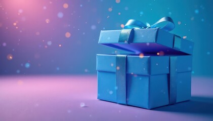 A vibrant blue gift box, lid ajar, emitting soft, ethereal light , ethereal, glowing box