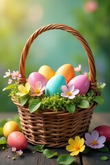A woven basket overflowing with vibrant Easter eggs and spring blossoms , holiday, decoration