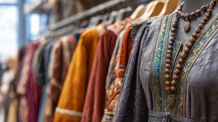 Obraz premium Colorful handmade clothes hanging on hangers in a retail store, showcasing a variety of styles and designs