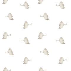 Hand-painted watercolor seamless pattern featuring cute little ghosts holding candles on a white background. Soft and cozy Halloween design, perfect for wrapping paper, textiles, party invitations