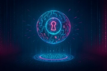 Floating digital sphere engraved with circuitry and central keyhole, cyan and magenta glow, backdrop, cybersecurity, encryption, and data privacy illustration for technology presentations and reports.