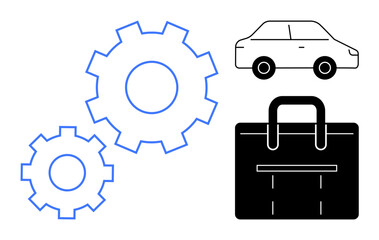 Outline gears, car, and briefcase symbolizing business efficiency, travel, and career movement. Ideal for concepts thumbs up industry, engineering, mobility economy teamwork and innovation. Simple