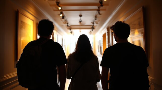 Students walking in art gallery corridor admiring paintings - Powered by Adobe