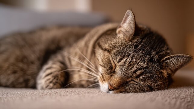 Tabby cat sleeping peacefully on soft blanket