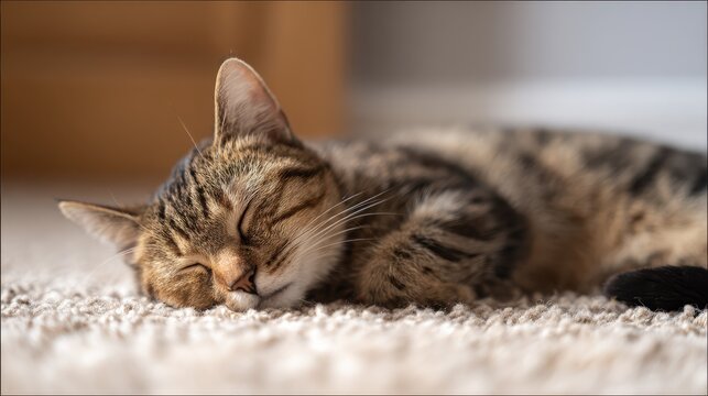 Tabby cat sleeping peacefully on soft carpet