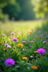 Obraz premium A colorful mix of purple and green hues creates a beautiful scene with lush wildflowers growing amidst a meadow, outdoors, floral patterns, pastel green