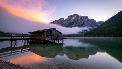 Fototapeta premium Lakeside cabin at sunrise
