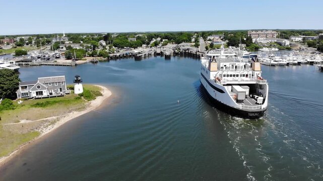 Aerial at Hyannis Harbor with Islands Ferry and Lighthouse at Barnstable, Cape Cod