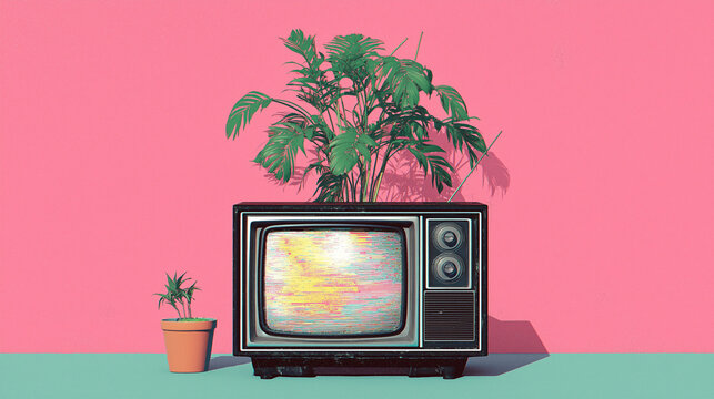 A black retro television with a glitchy, distorted screen displaying static lines, evoking a nostalgic vintage atmosphere on pink background - Powered by Adobe