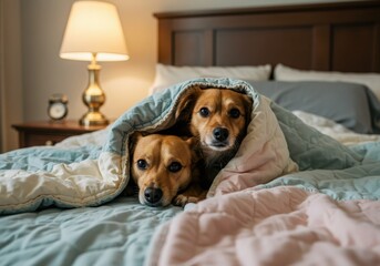 Two cute dogs snuggled together under a cozy blanket on a bed