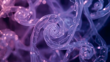 Captivating abstract image featuring translucent, swirling organic forms with a vibrant interplay of purple and pink tones, creating a dynamic and ethereal visual