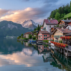 Naklejka premium Idyllic Lakeside Village in Switzerland at Sunset A picturesque scene of colorful houses nestled by a serene lake, reflecting the warm hues of the setting sun against snow capped mountains