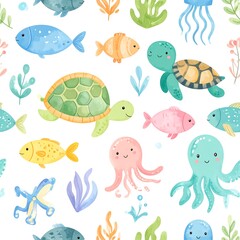 Watercolor pattern of sea creatures