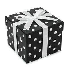 Black gift box with white polka dots and double white satin ribbons on pure white background
