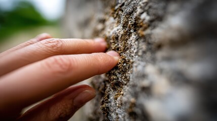 Geologist examining rock formation with fingers touching lichen and moss