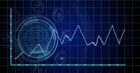 Jagged waveform emerging on neon grid, driving HUD scanning protecting data with fingerprint icon - Powered by Adobe