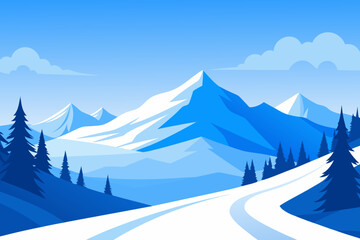 Flat design snowy mountain landscape with pine trees and ski slope