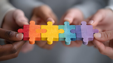 Hands holding a colorful rainbow puzzle representing diversity and inclusion