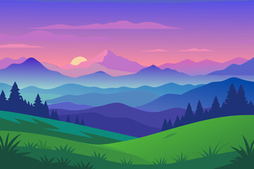 Fototapeta premium Vibrant sunset over layered mountains and green hills