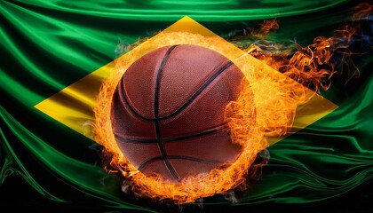 A basketball engulfed in flames blazes against Brazil green and yellow flag. The vivid image symbolizes fiery sports passion and national pride.