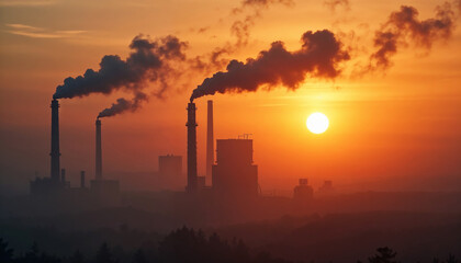 Industrial Emissions at Sunrise with Smokestacks in the Background for Environmental Awareness, Pollution Education, and Climate Change Campaigns