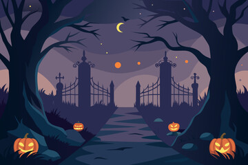 Spooky halloween cemetery entrance with jack o lanterns and crescent moon
