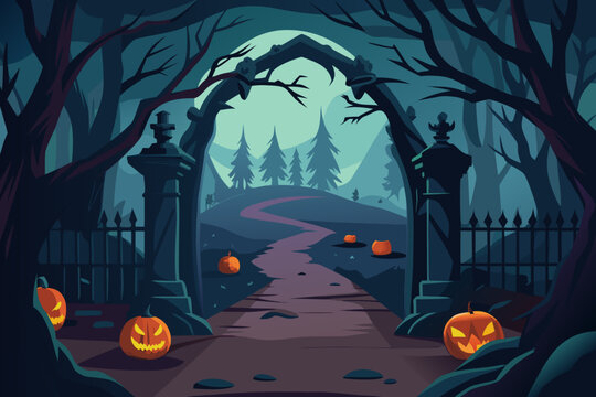 Spooky halloween pathway lined with jack o lanterns and haunted trees