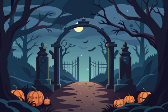 Spooky halloween cemetery entrance with pumpkins and bats