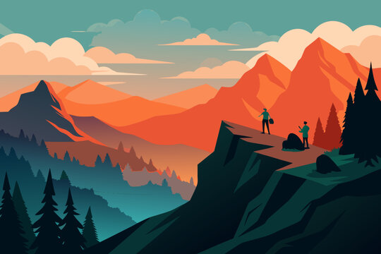 Two hikers admire a vibrant sunset over a majestic mountain range