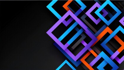 Naklejka premium vibrant geometric square pattern in neon blue purple and orange on black background for modern digital wallpaper or abstract design texture