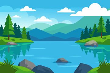 Serene mountain lake with pine trees and reflecting sky
