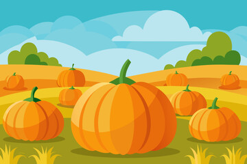 Autumn pumpkin patch scene with rolling hills and blue sky