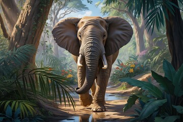 Majestic elephant walks through lush, vibrant jungle path with dappled sunlight illuminating nature