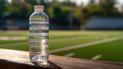 Close-up mineral water bottle on bench near sports field.