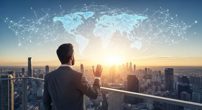 A man in a suit gazes at a global network map superimposed over a cityscape at sunrise, symbolizing global connectivity and futuristic vision.