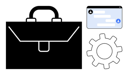 Briefcase, gear, and chat window showcase elements of business, online communication, settings, collaboration, workflow, digital tools. Ideal for management strategy teamwork remote work app UI