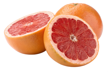 Two juicy ruby red grapefruits, one whole and one halved, are beautifully displayed on a clean white background, offering a vibrant burst of color and freshness