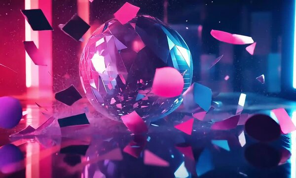 Exploding Disco Ball with Neon Lights - A Vibrant Party Scene.