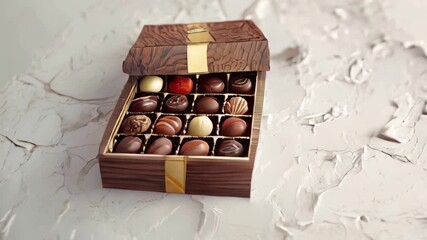 Square Wooden Box of Chocolates on White Textured Surface, Finest Chocolate Pralines, Assorted delicious chocolates in a square brown box with golden accent, Created with generative ai