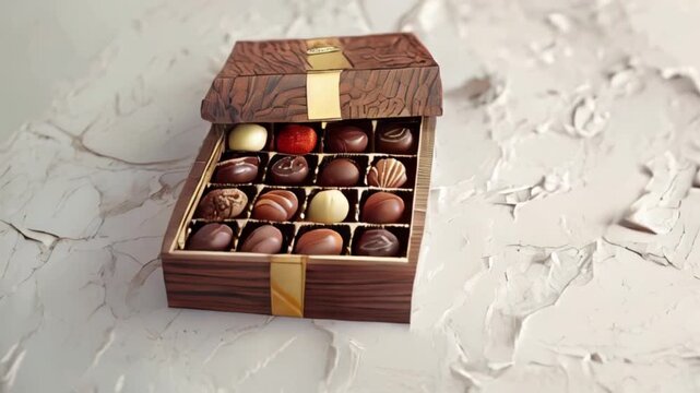 Square Wooden Box of Chocolates on White Textured Surface, Finest Chocolate Pralines, Assorted delicious chocolates in a square brown box with golden accent, Created with generative ai