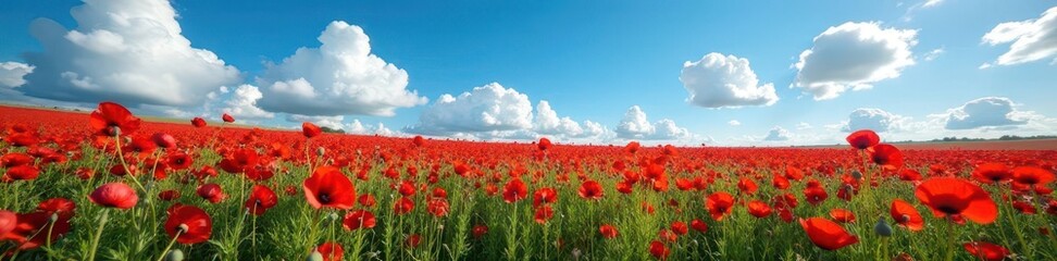Fototapeta premium Field of vibrant red poppies stretching towards a brilliant blue sky with fluffy white clouds scattered across the horizon, poppy field, floral arrangement, natural beauty