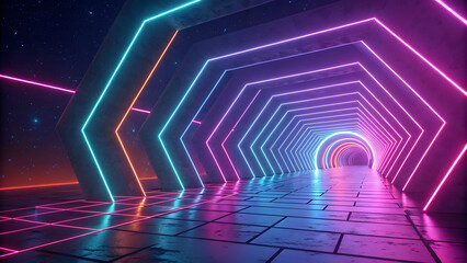 Hexagonal Neon Tunnel with Glowing Geometric Shapes and Starry Sky full hd 4k stock image download Background